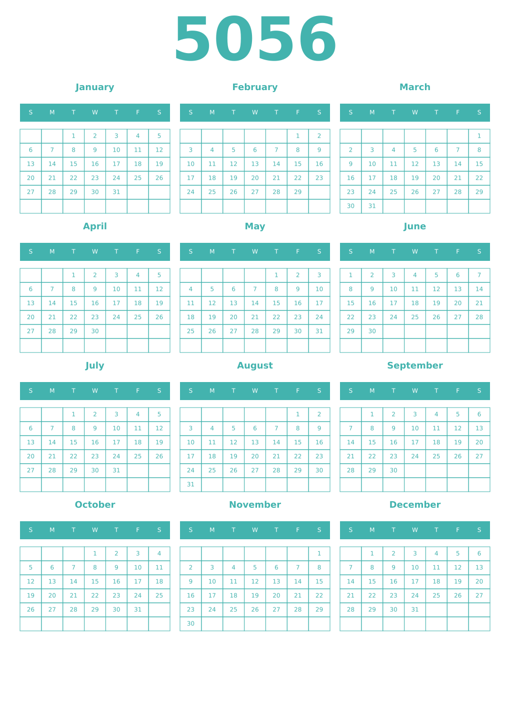 Printable 5056 Year Calendars verdigris