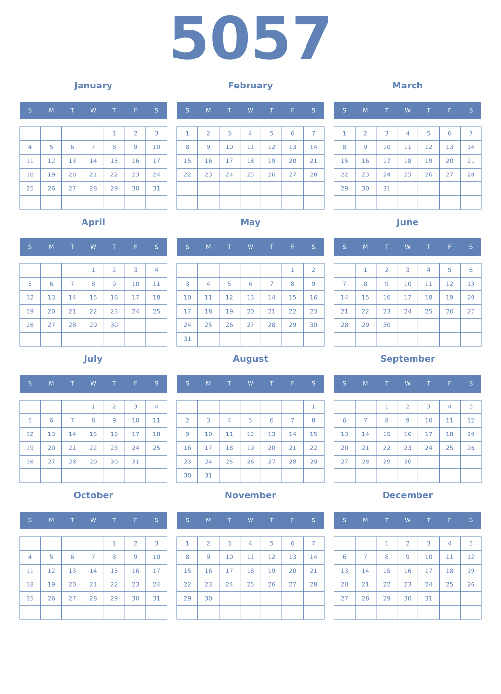 Printable 5057 Year Calendars glaucous