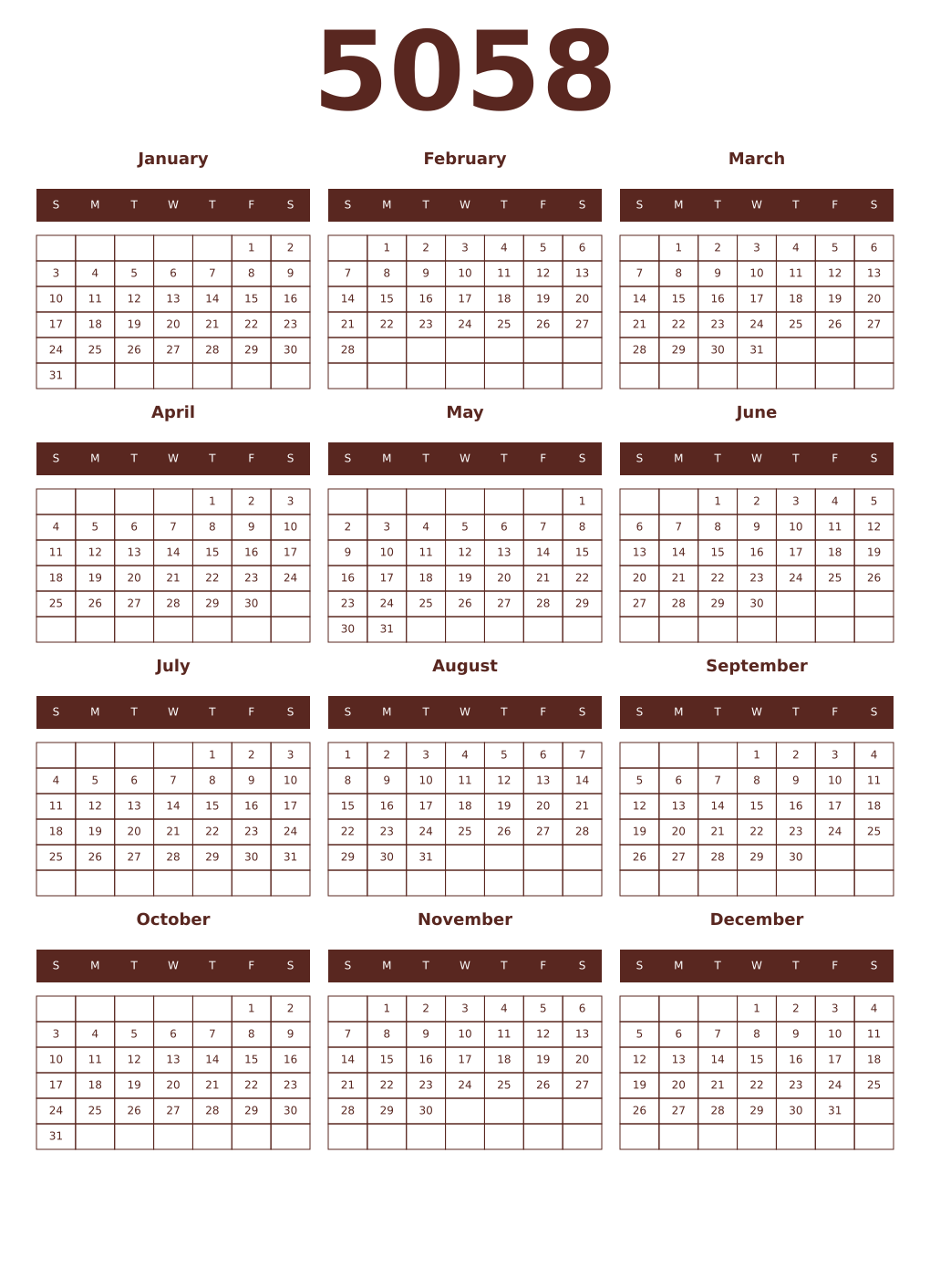 Printable 5058 Year Calendars mortuum