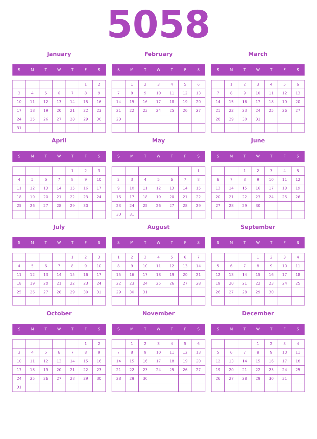 Printable 5058 Year Calendars purple