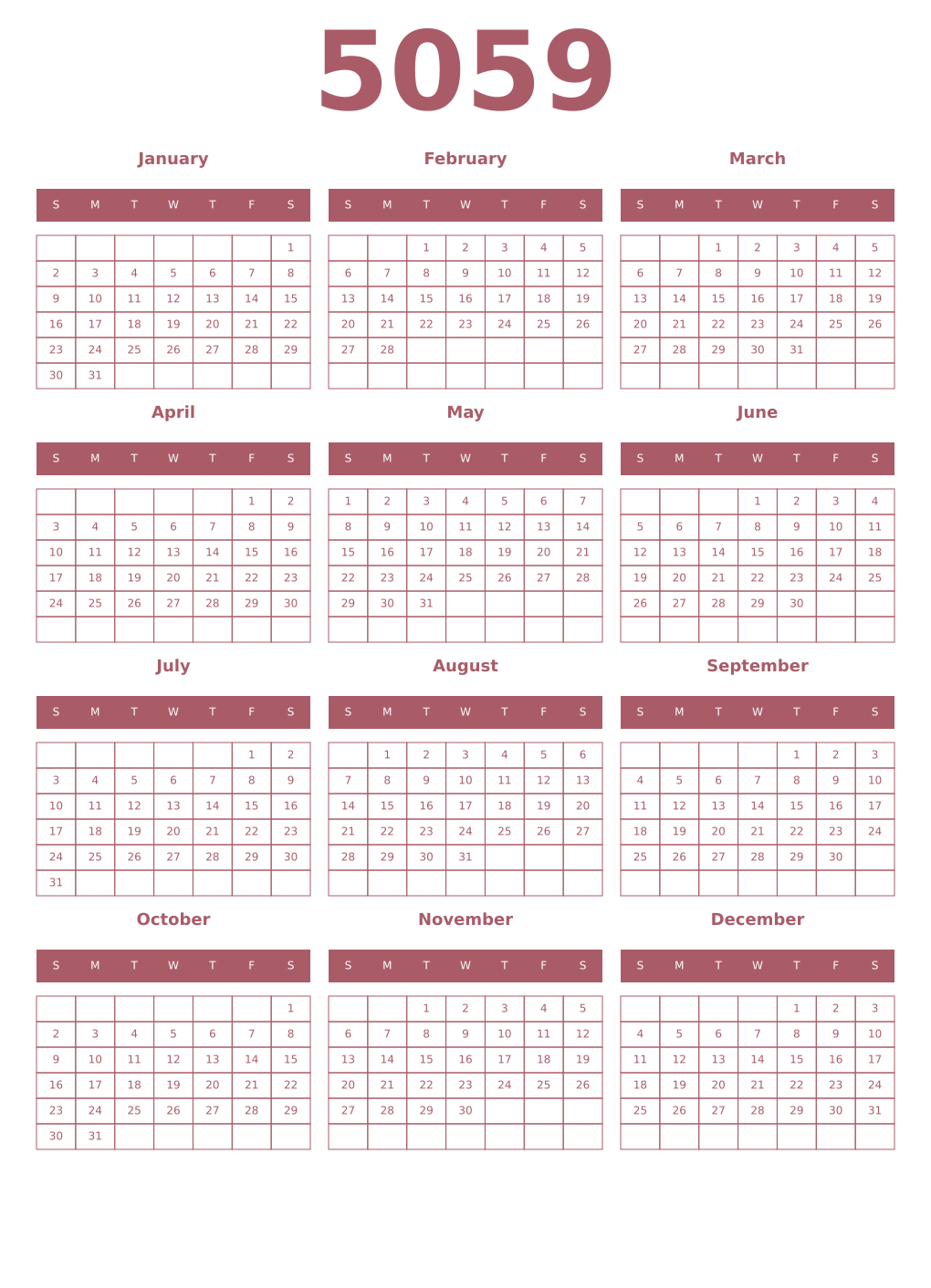 Printable 5059 Year Calendars puce