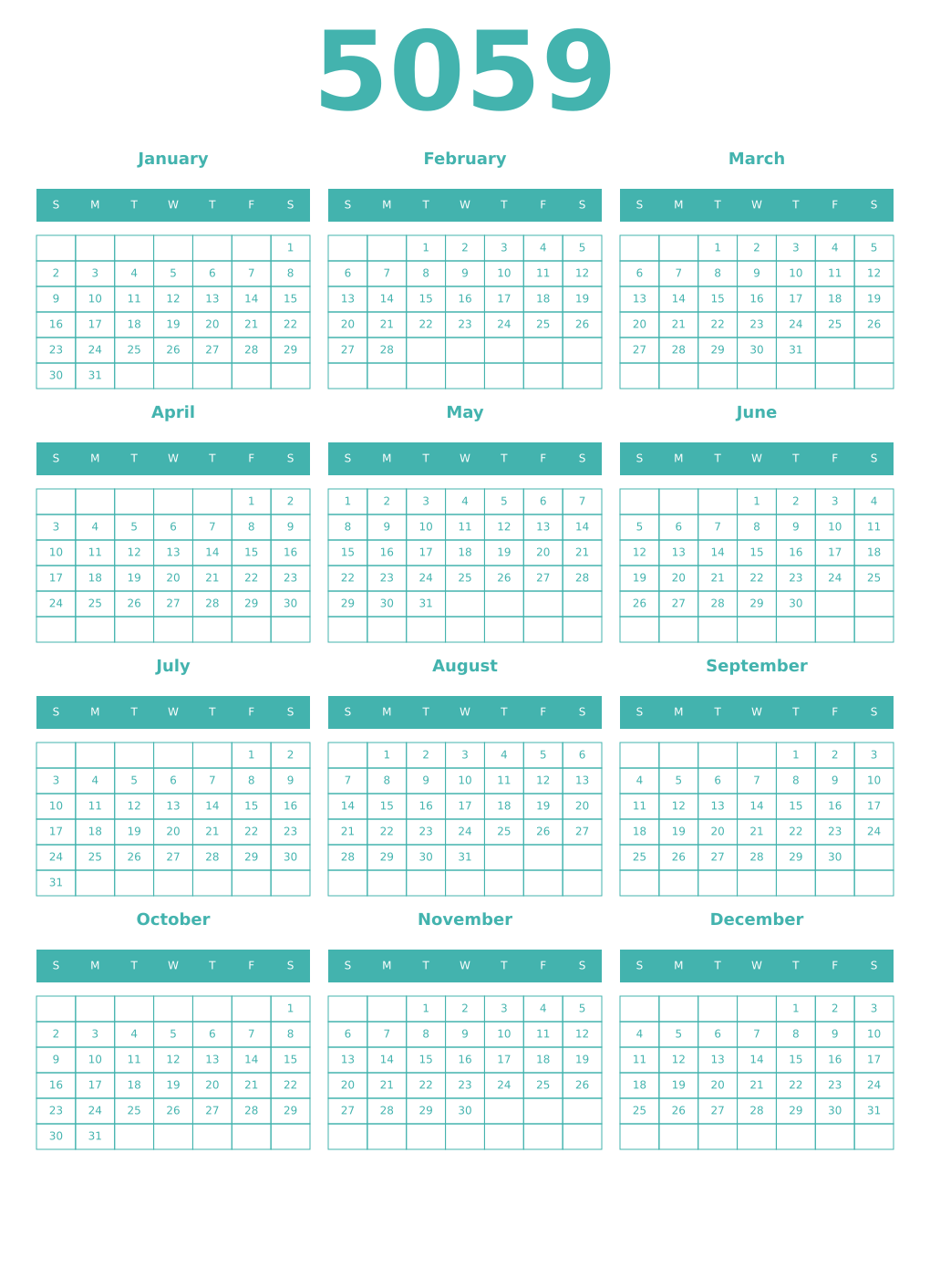 Printable 5059 Year Calendars verdigris