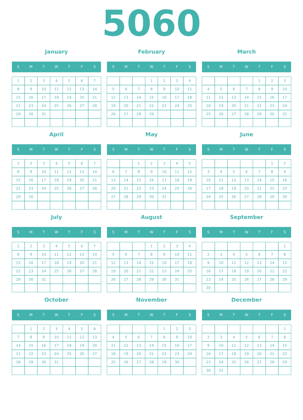 Printable 5060 Year Calendars verdigris