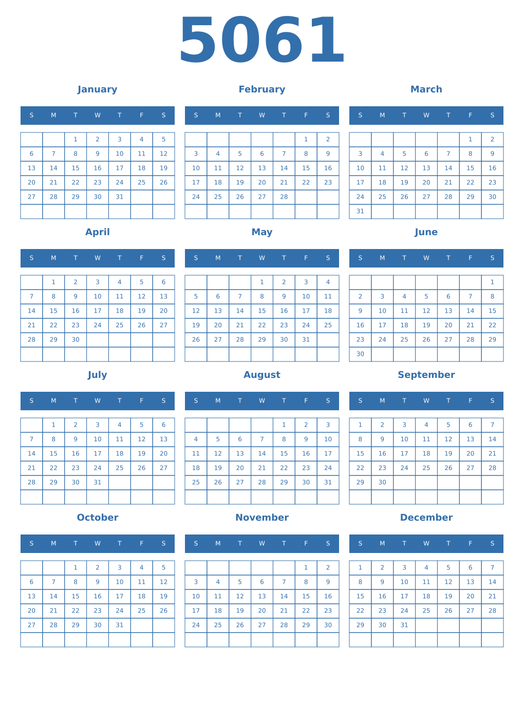 Printable 5061 Year Calendars blue