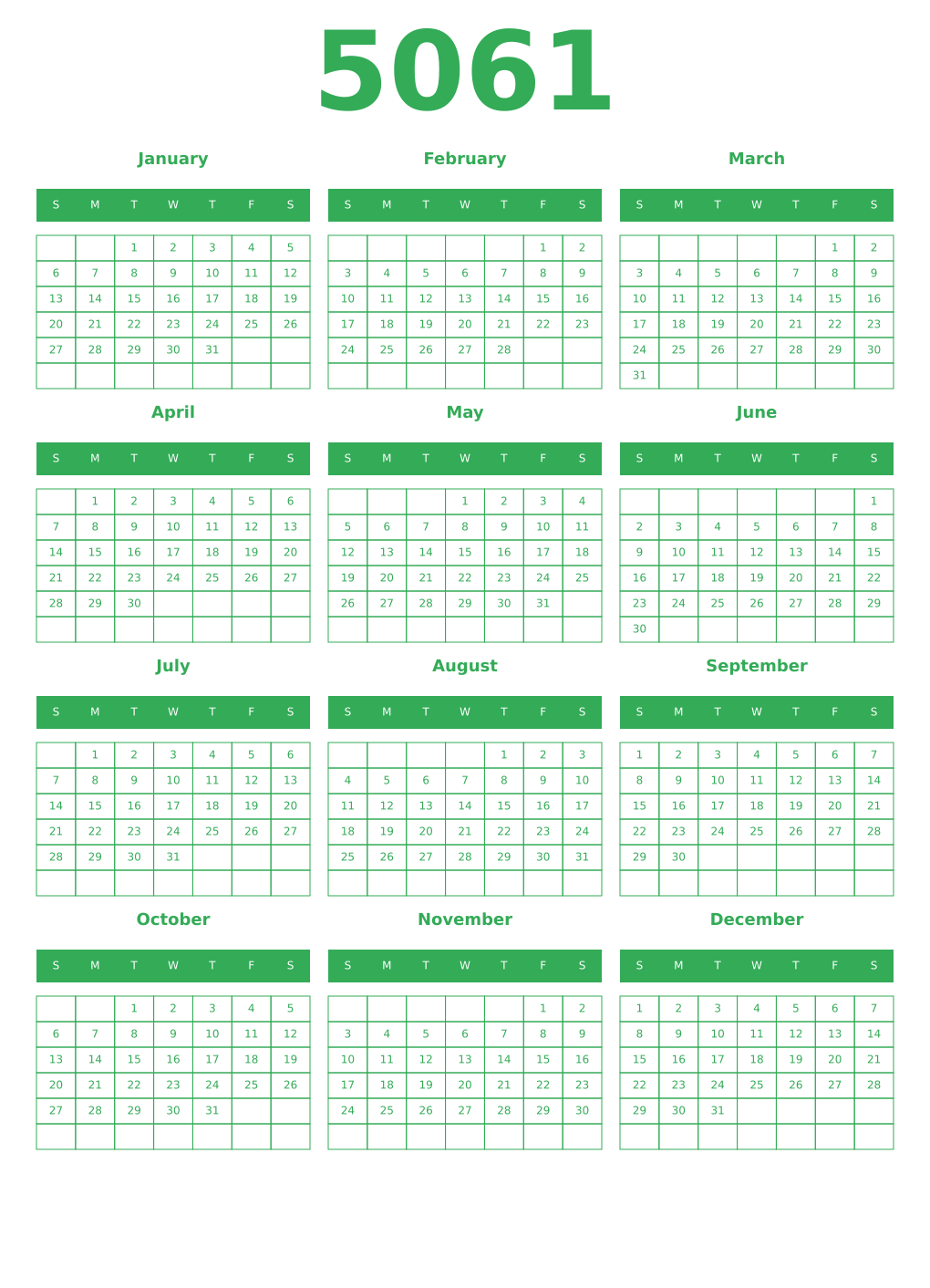 Printable 5061 Year Calendars green