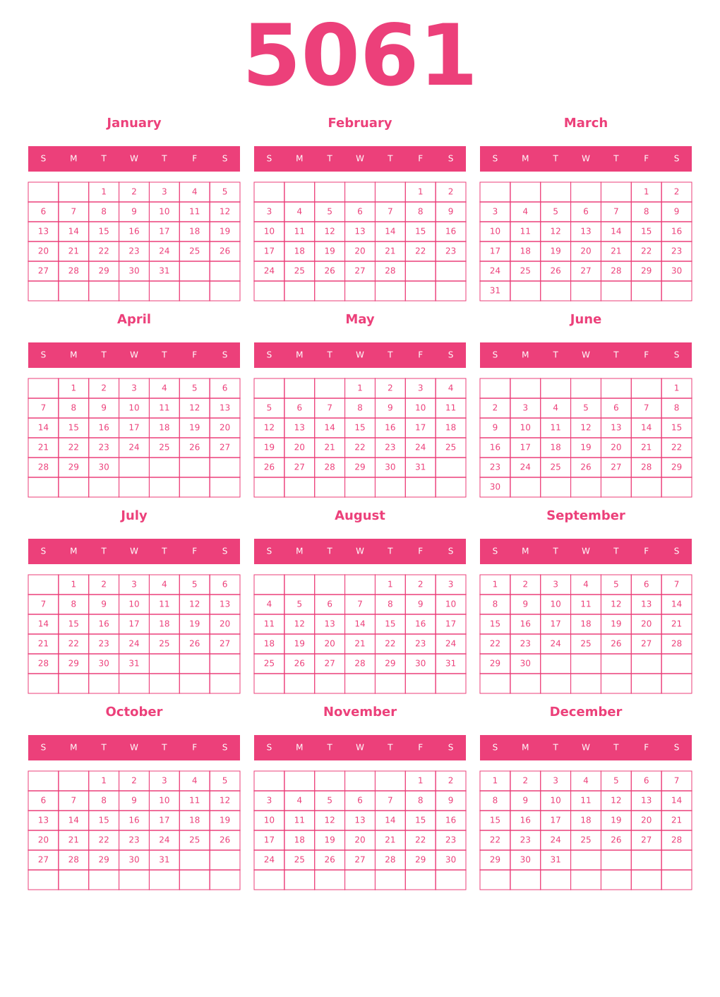 Printable 5061 Year Calendars pink