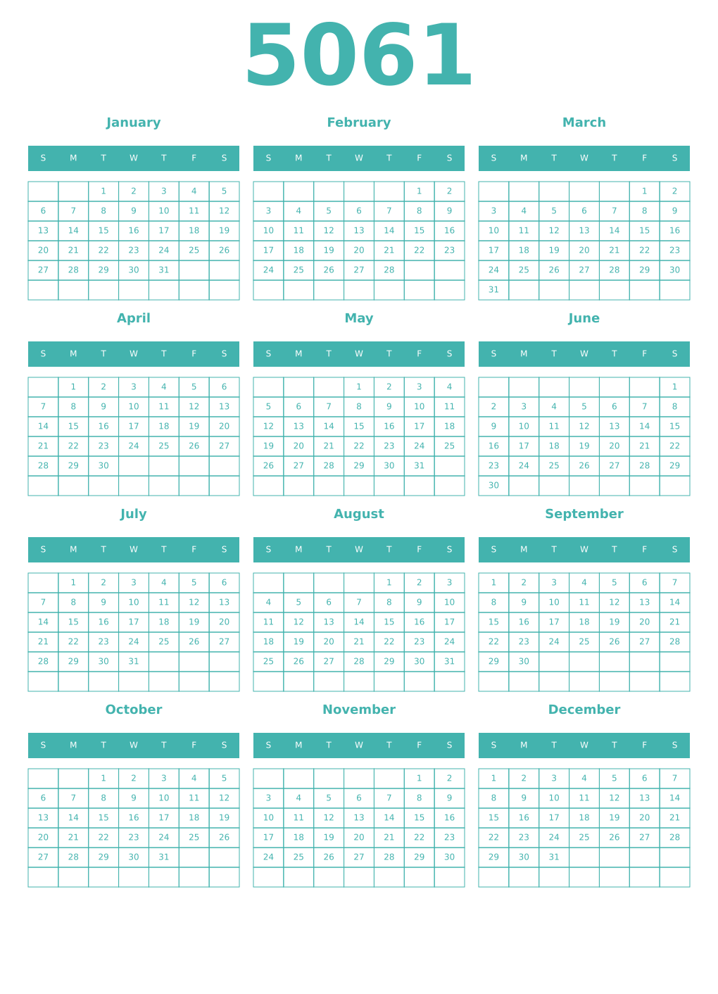 Printable 5061 Year Calendars verdigris