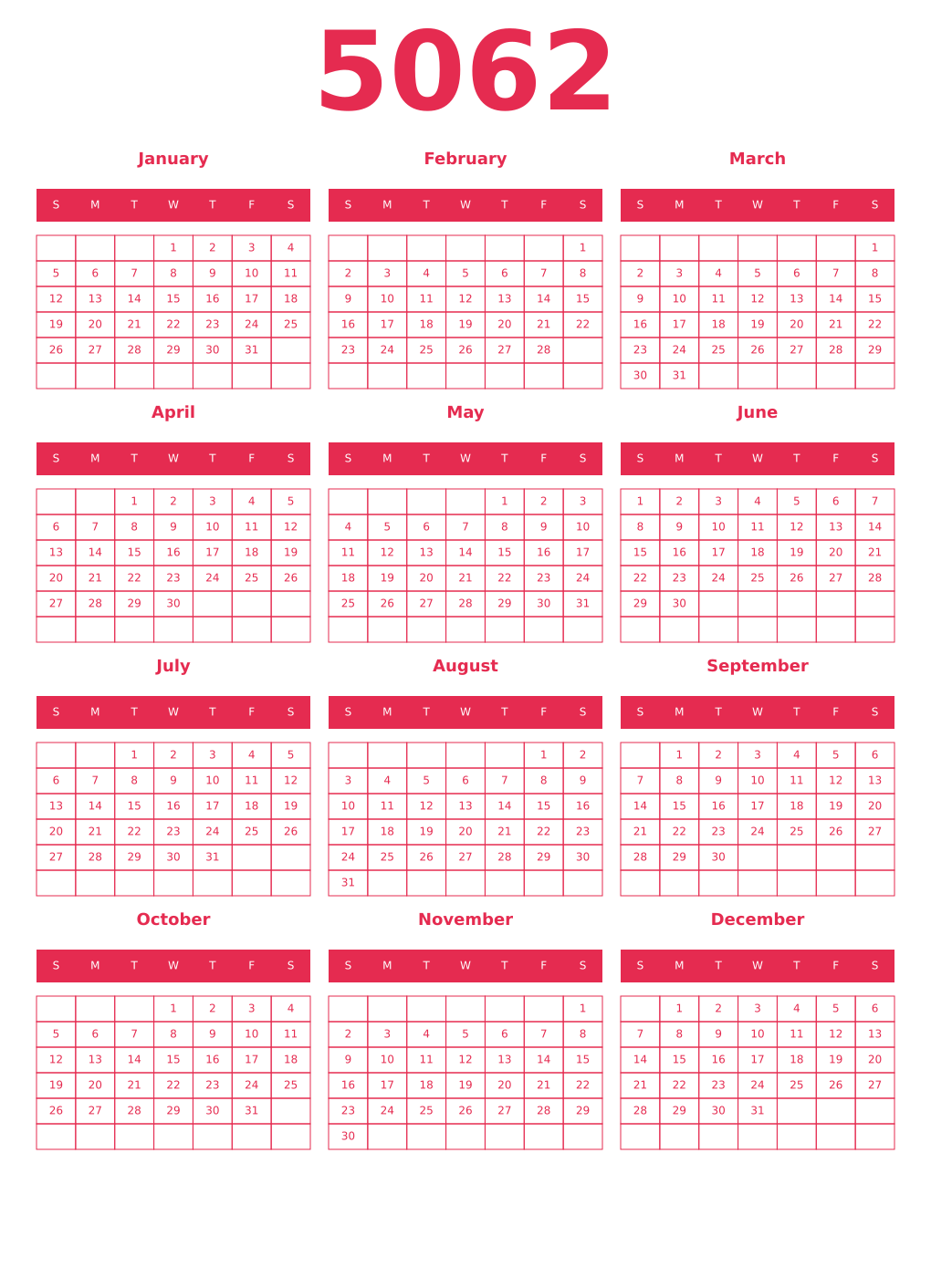 Printable 5062 Year Calendars amaranth