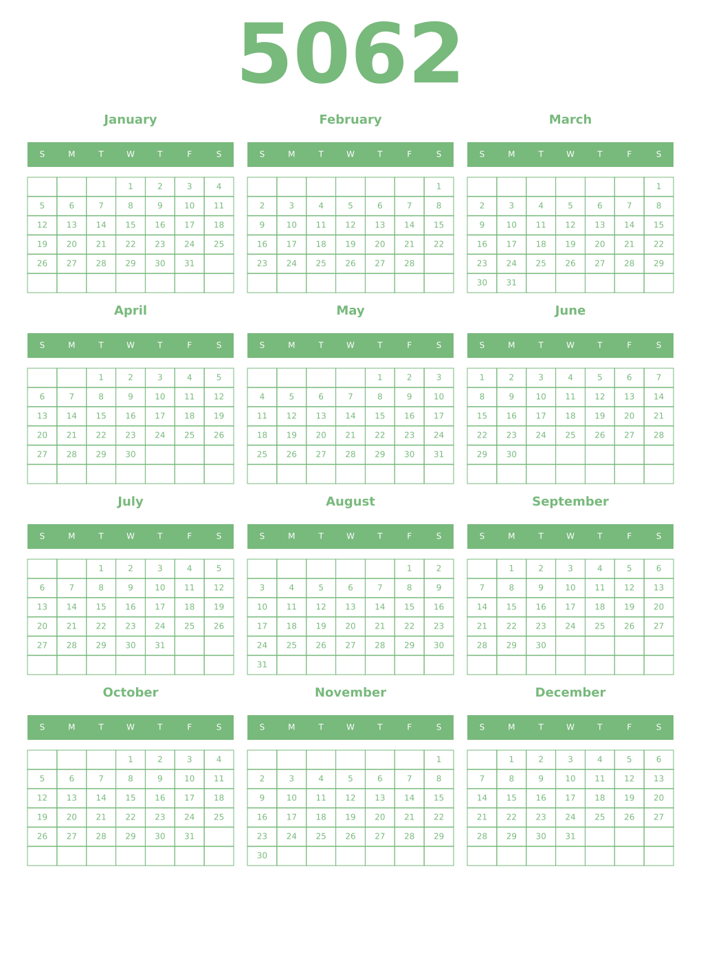 Printable 5062 Year Calendars celadon