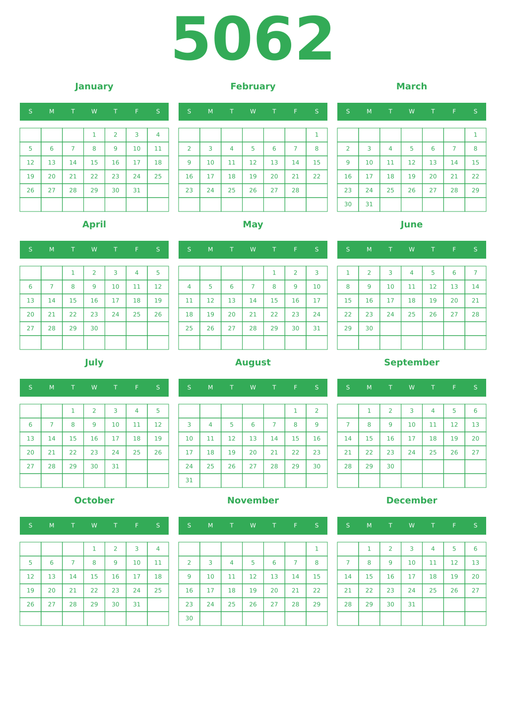 Printable 5062 Year Calendars green