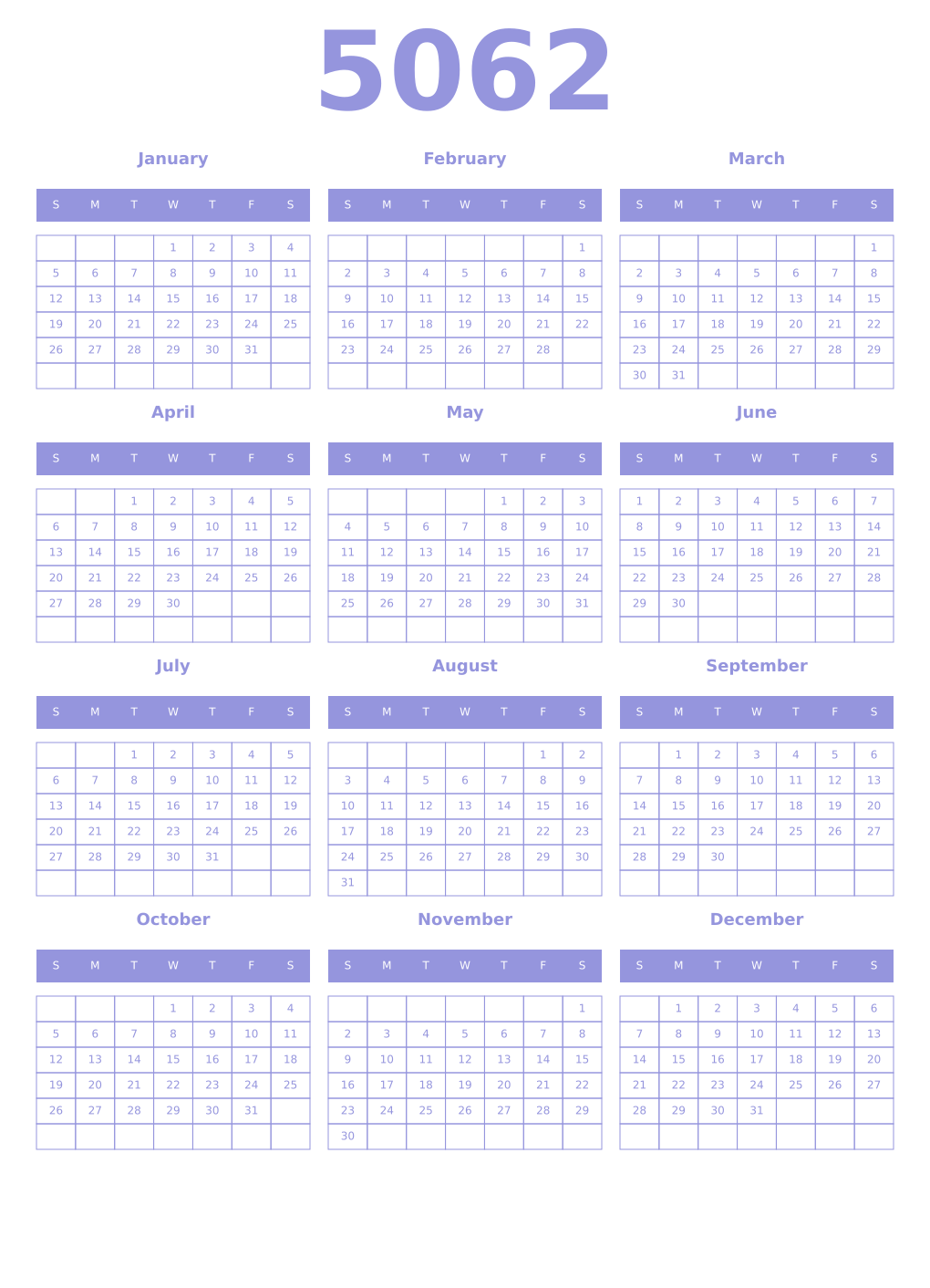 Printable 5062 Year Calendars periwinkle