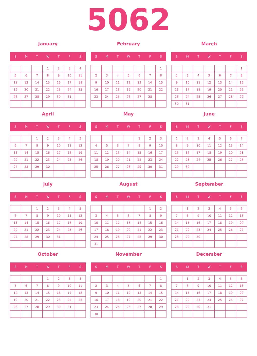 Printable 5062 Year Calendars pink