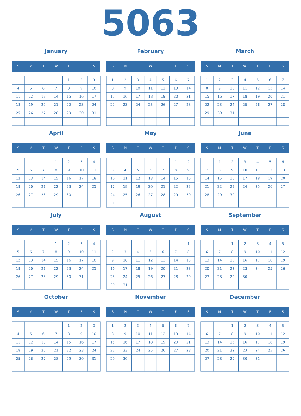 Printable 5063 Year Calendars blue
