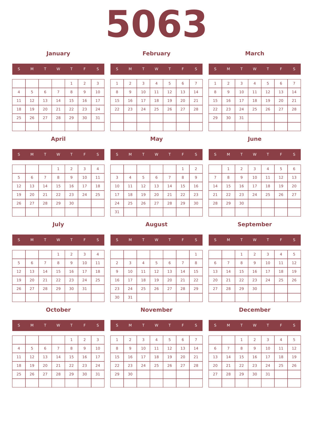 Printable 5063 Year Calendars cordovan