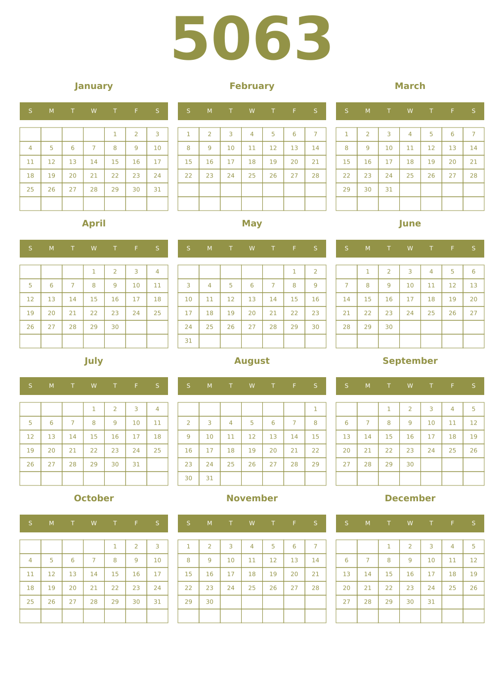 Printable 5063 Year Calendars eburnean