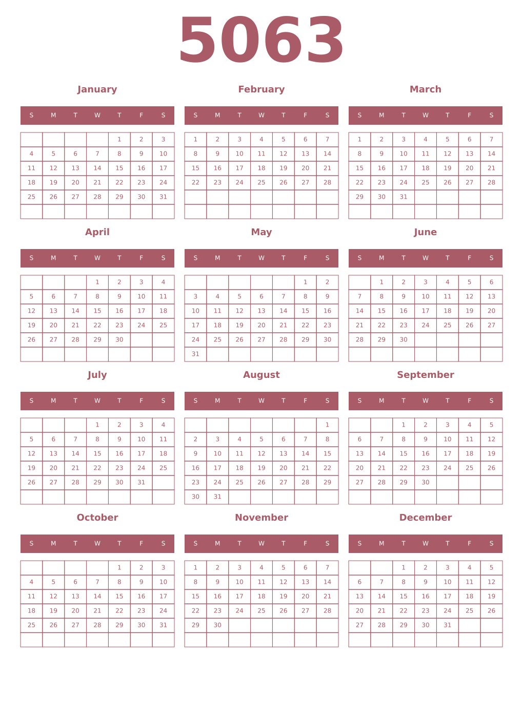 Printable 5063 Year Calendars puce