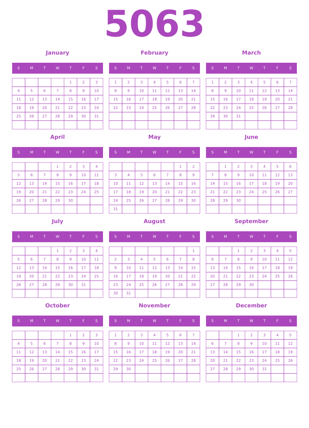 Printable 5063 Year Calendars purple