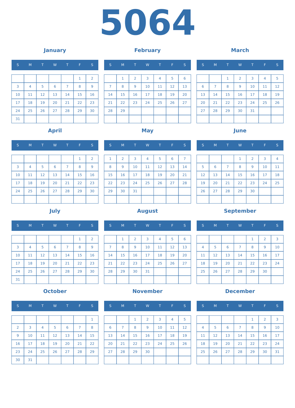 Printable 5064 Year Calendars blue