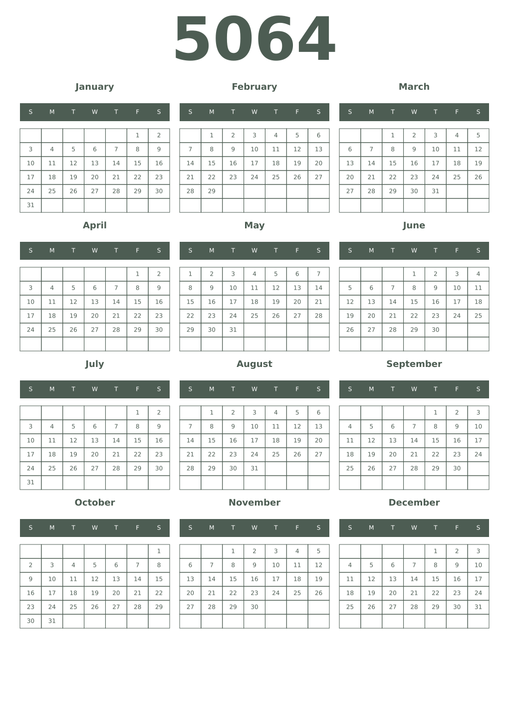 Printable 5064 Year Calendars feldgrau