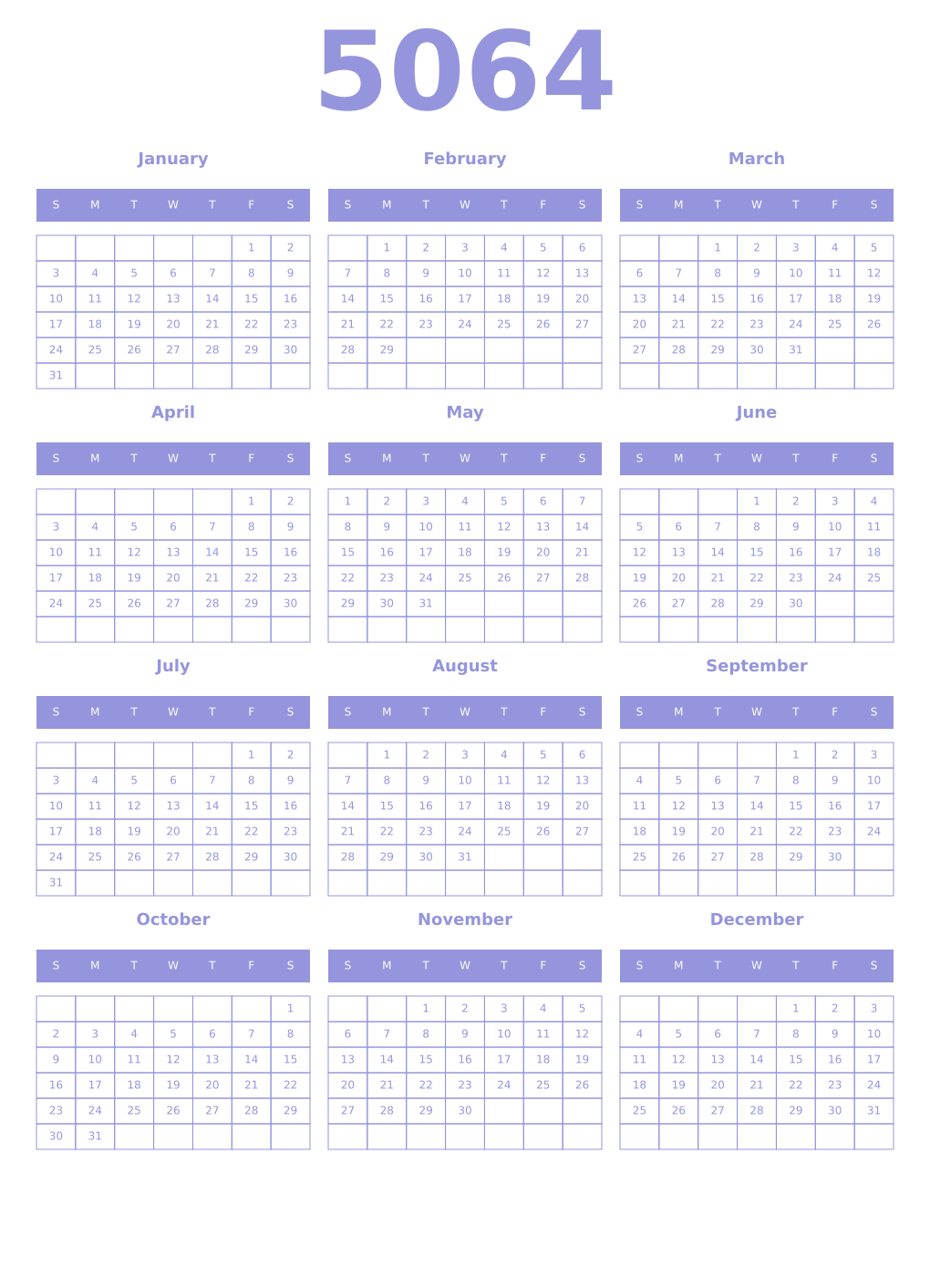 Printable 5064 Year Calendars periwinkle