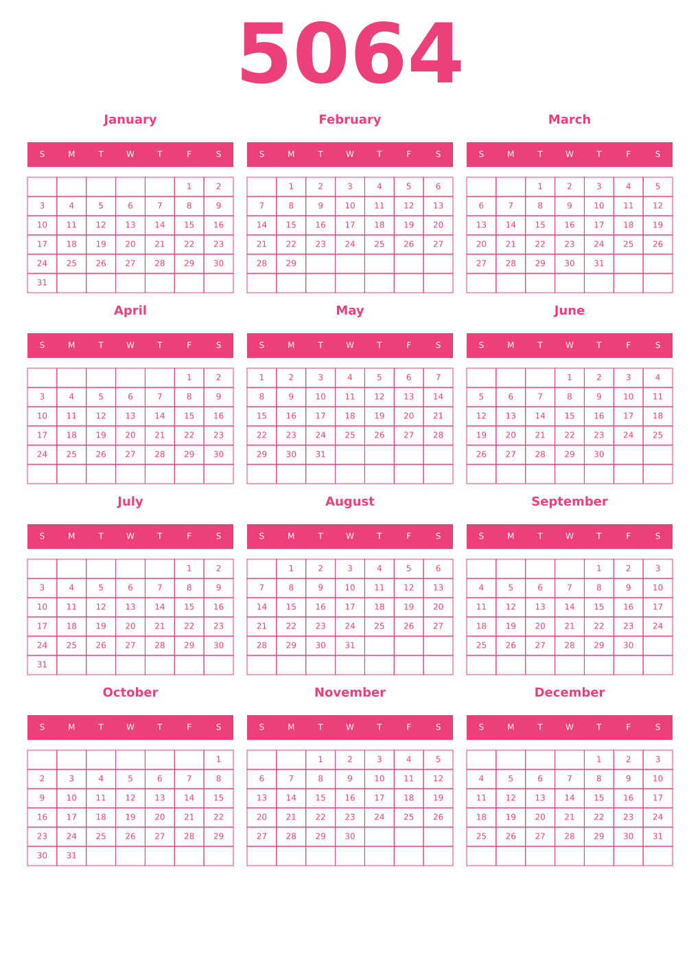 Printable 5064 Year Calendars pink