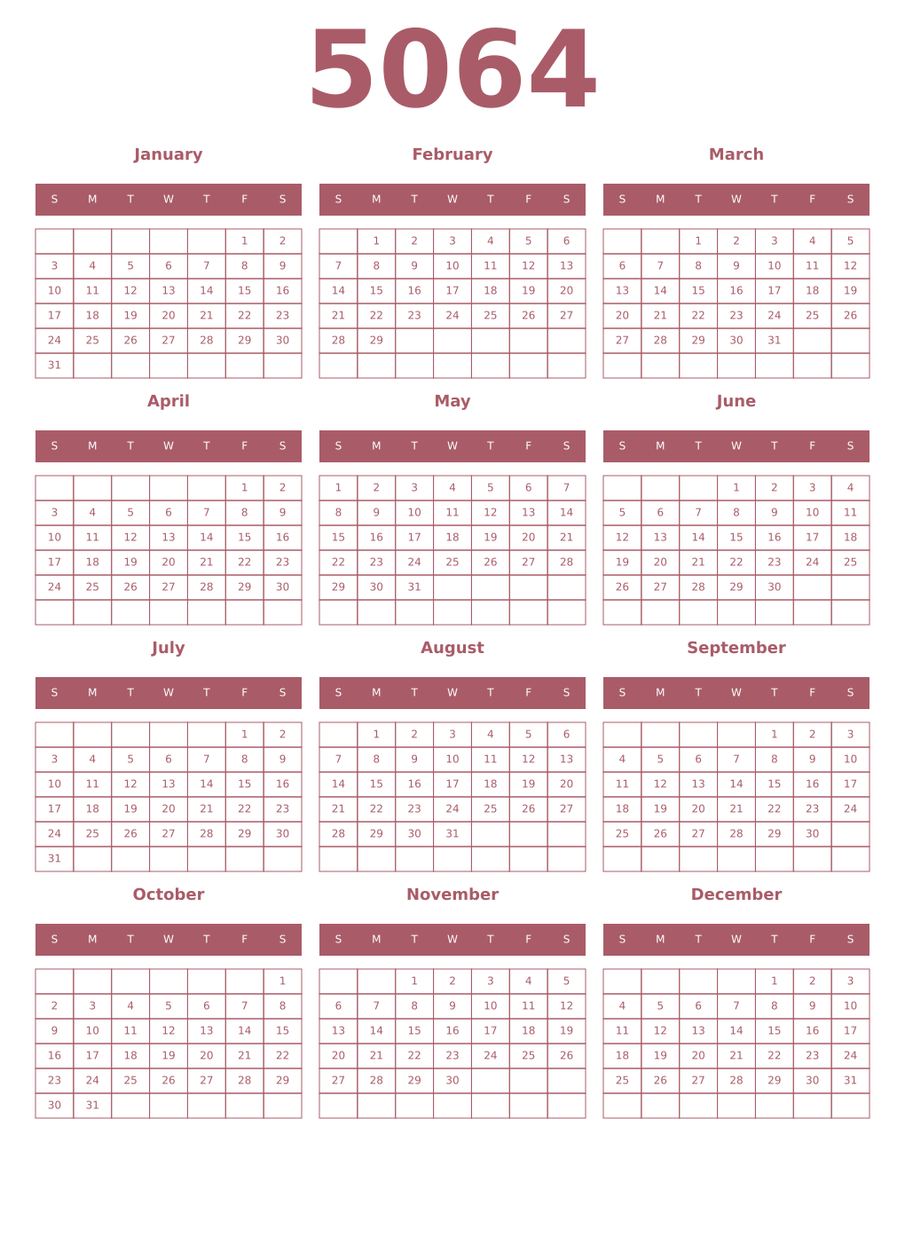Printable 5064 Year Calendars puce