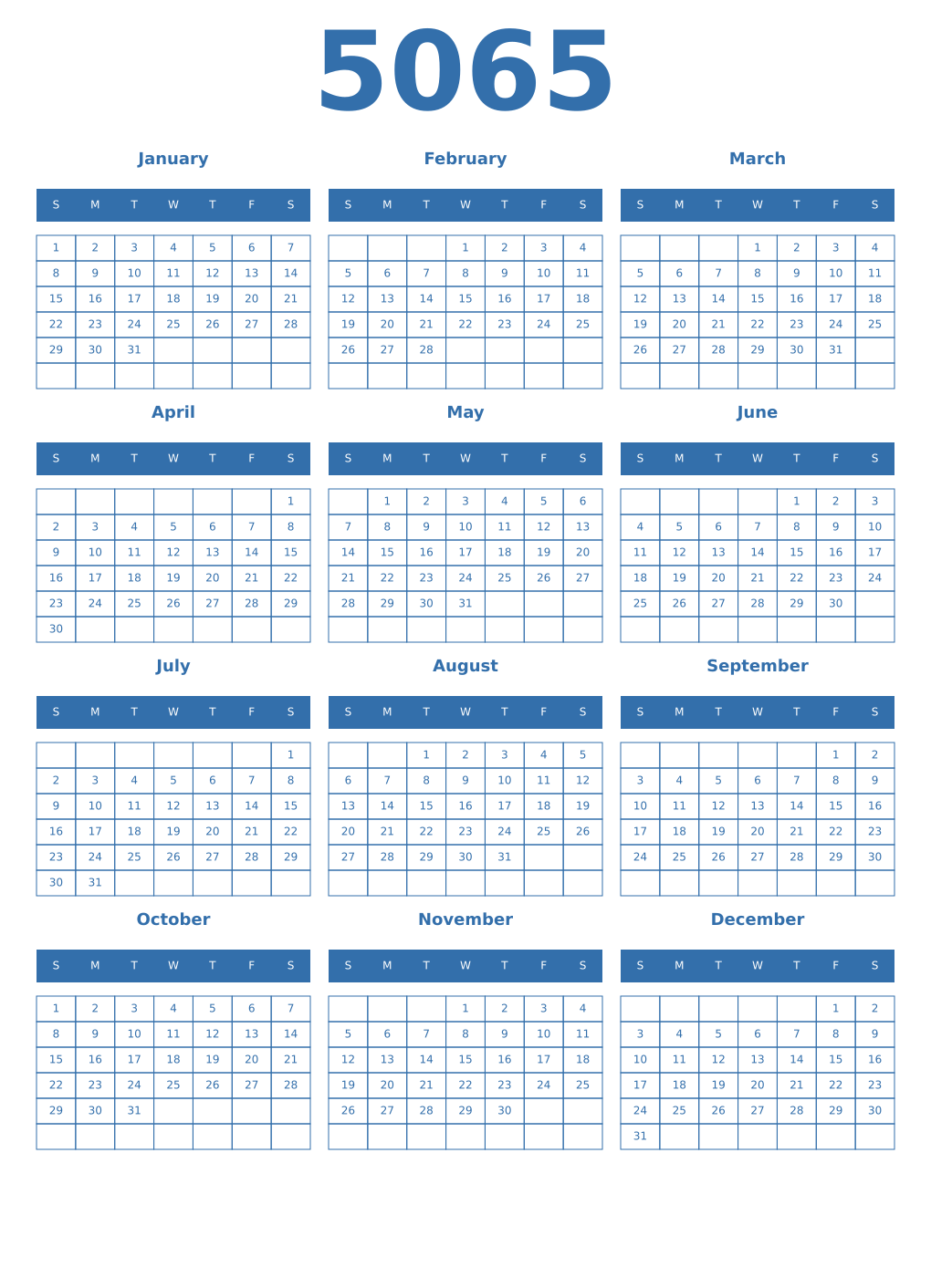 Printable 5065 Year Calendars blue