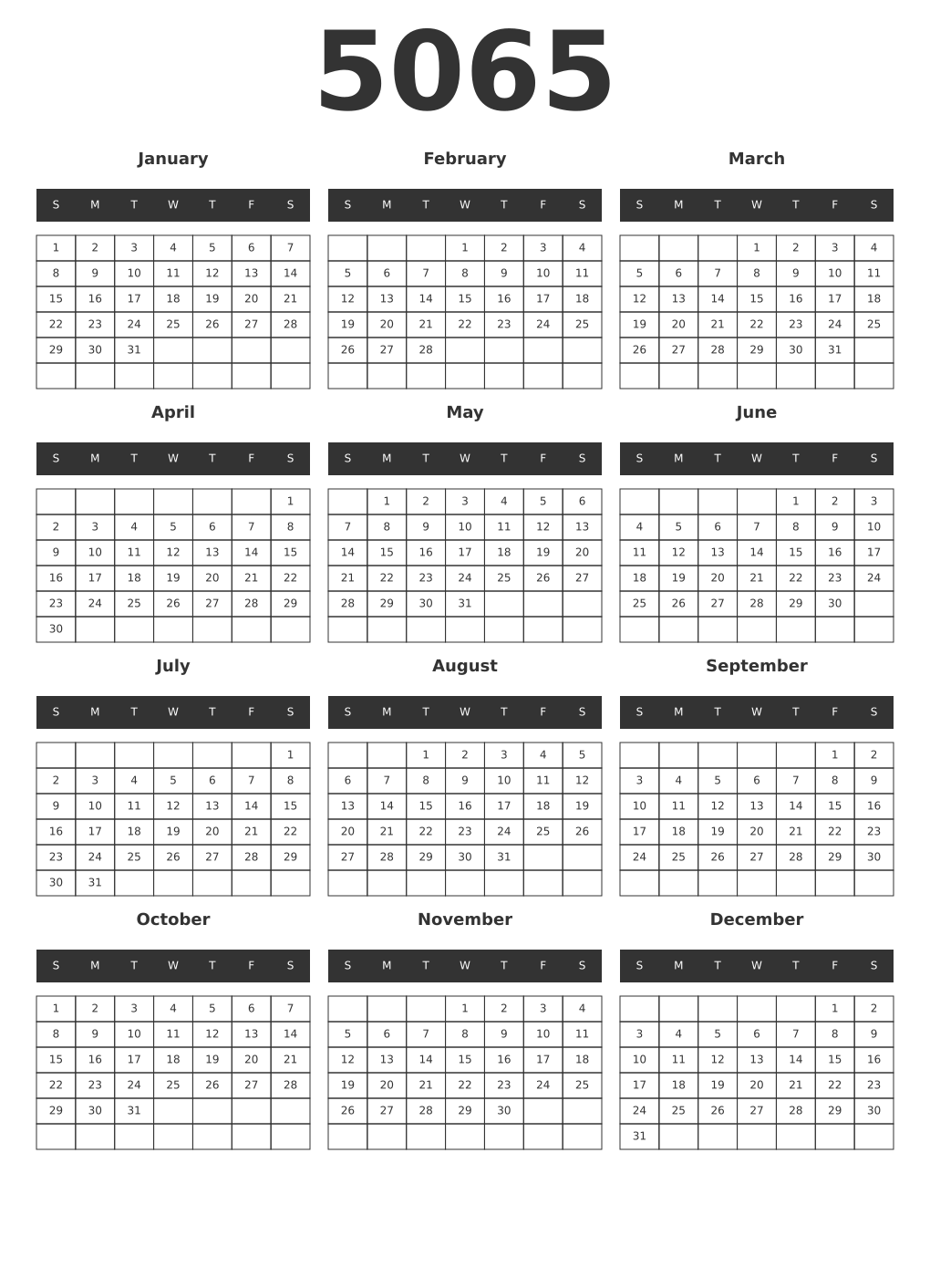 Printable 5065 Year Calendars dark