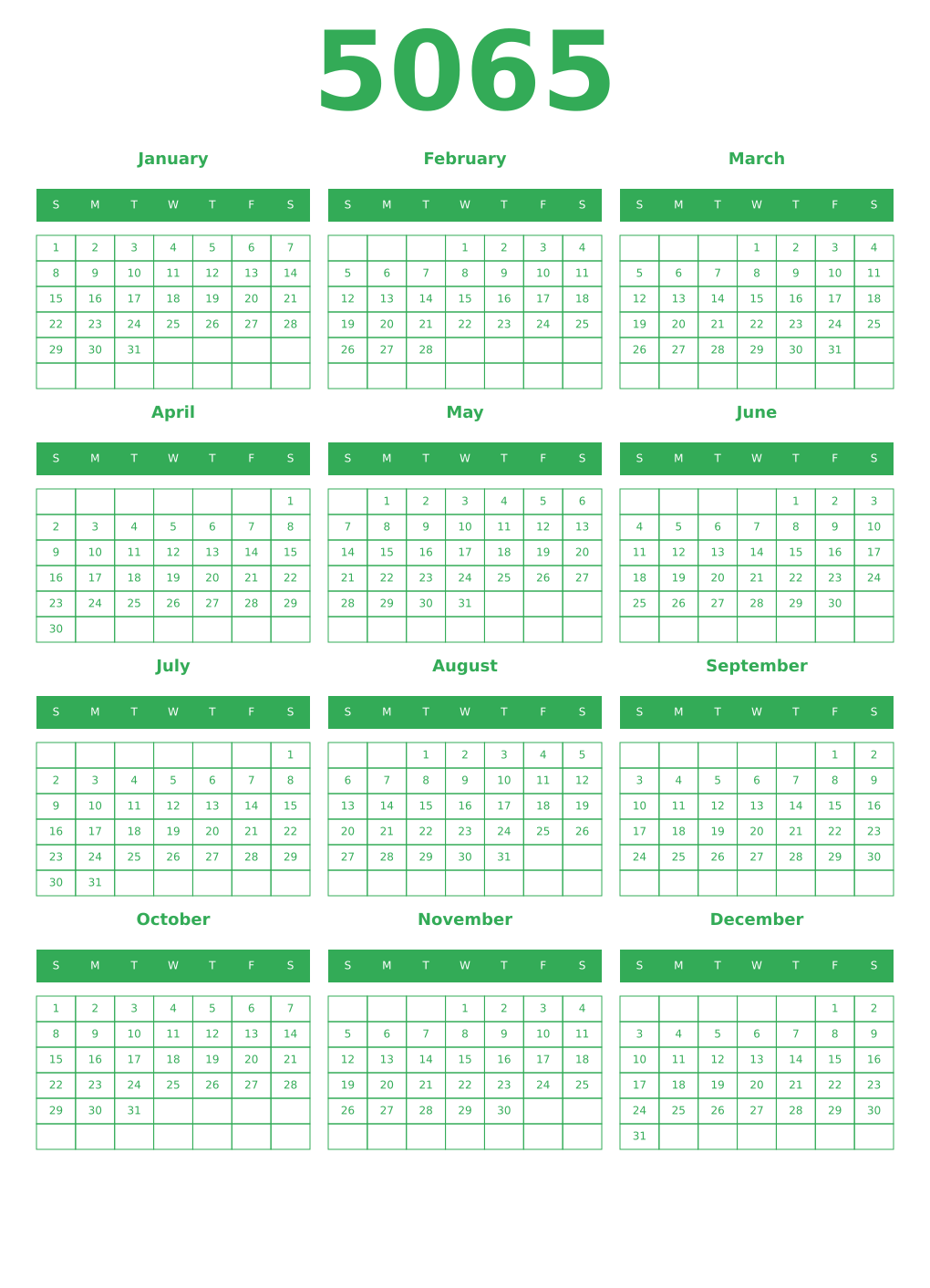 Printable 5065 Year Calendars green