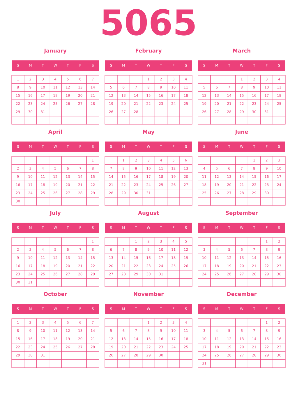 Printable 5065 Year Calendars pink