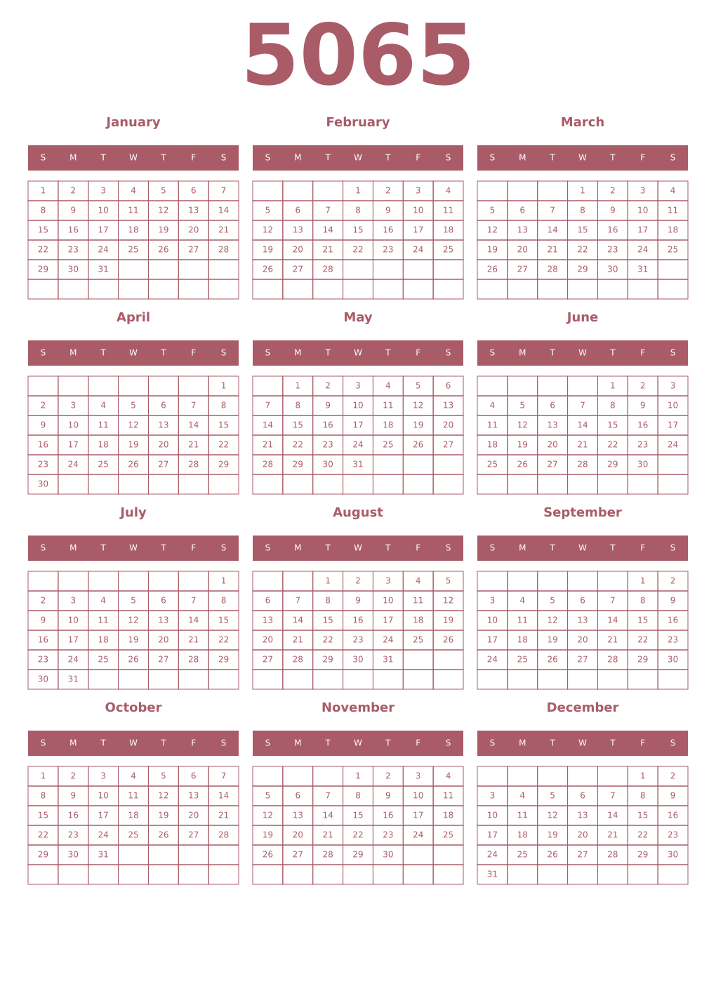 Printable 5065 Year Calendars puce