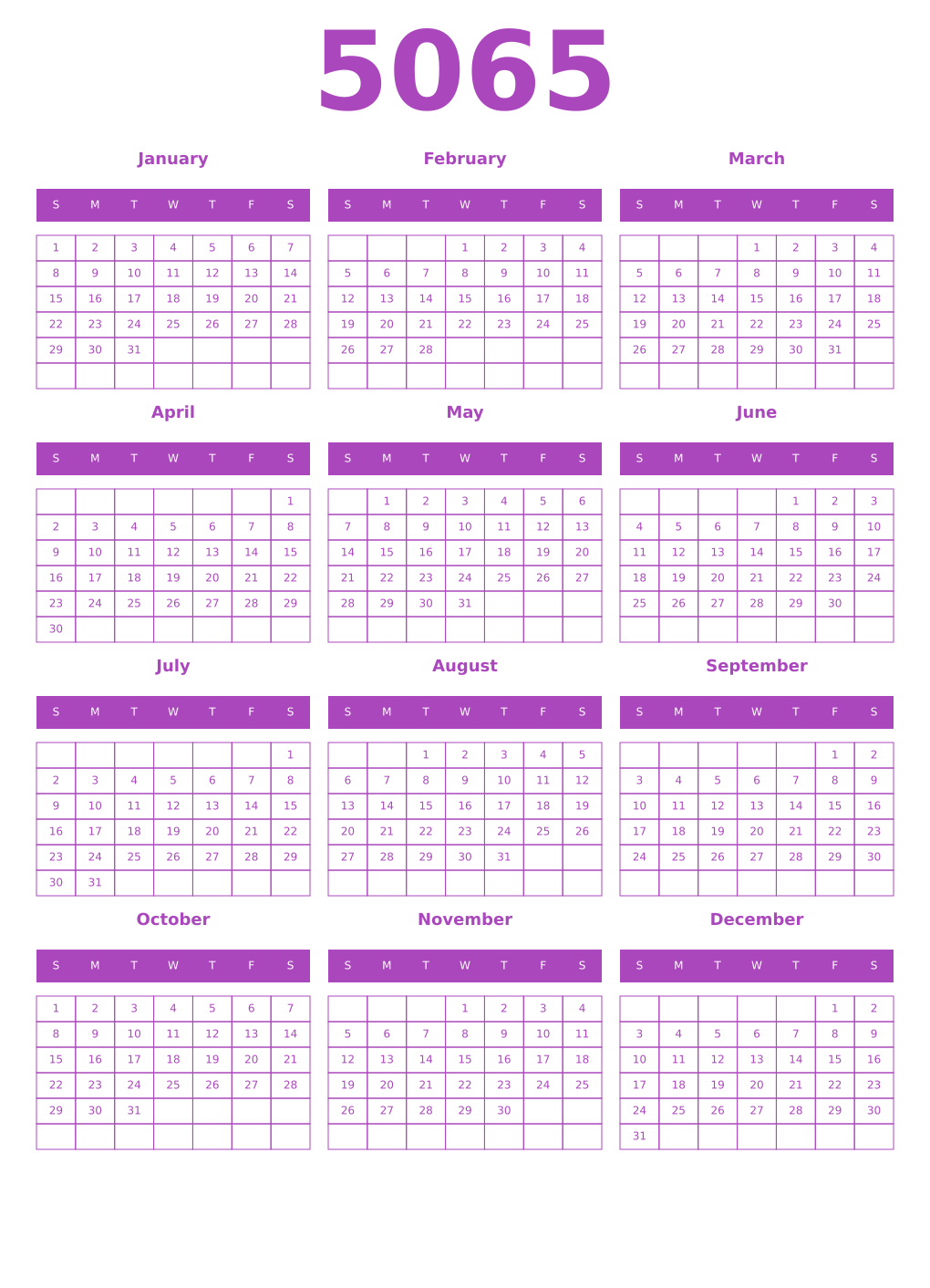 Printable 5065 Year Calendars purple