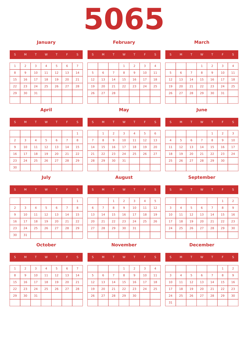 Printable 5065 Year Calendars red