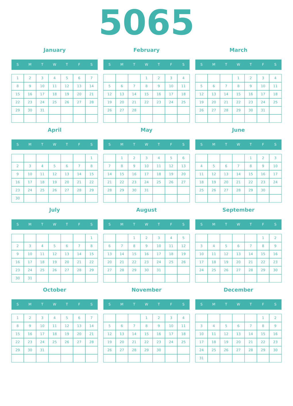 Printable 5065 Year Calendars verdigris