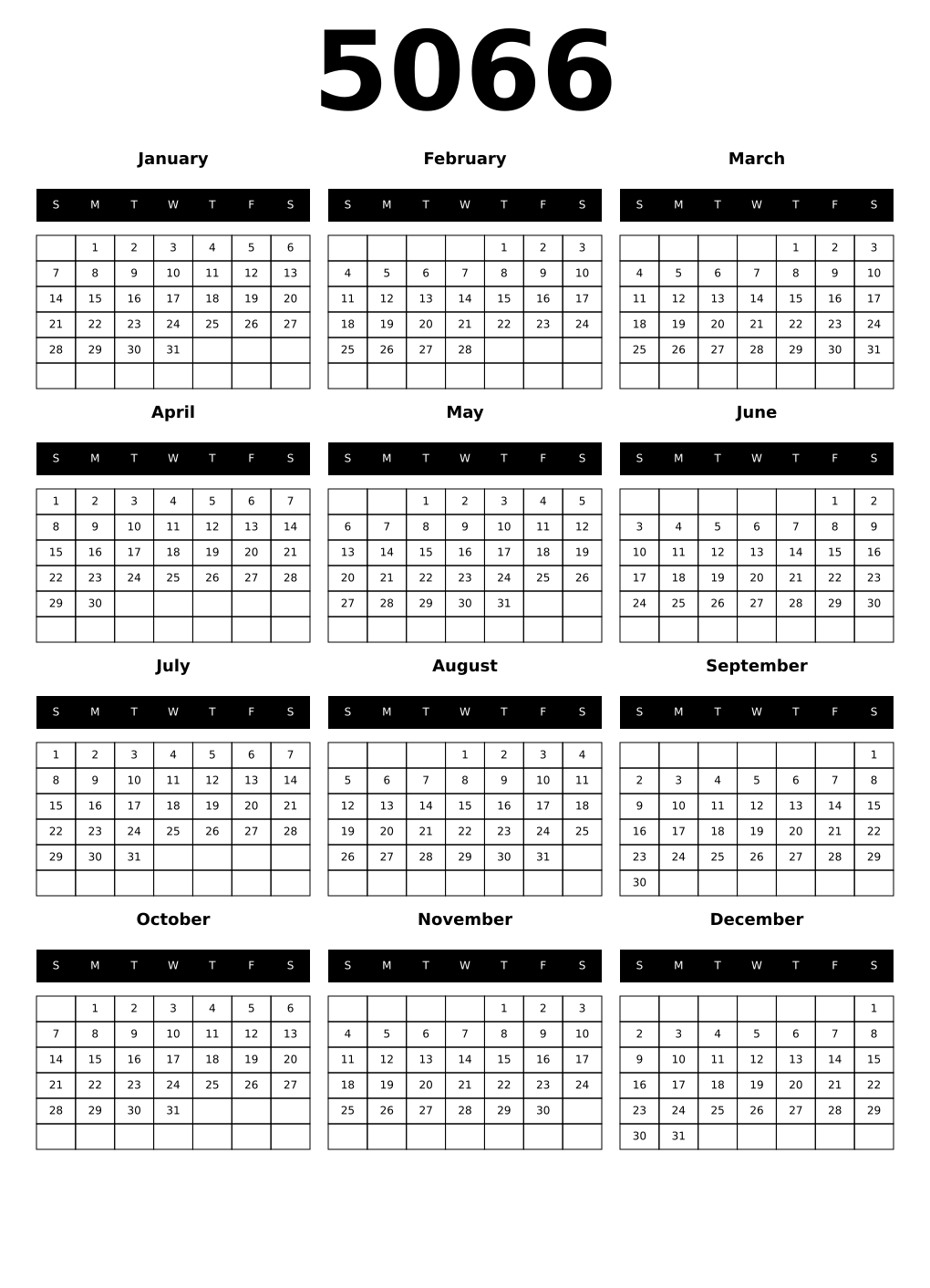 Printable 5066 Year Calendars black