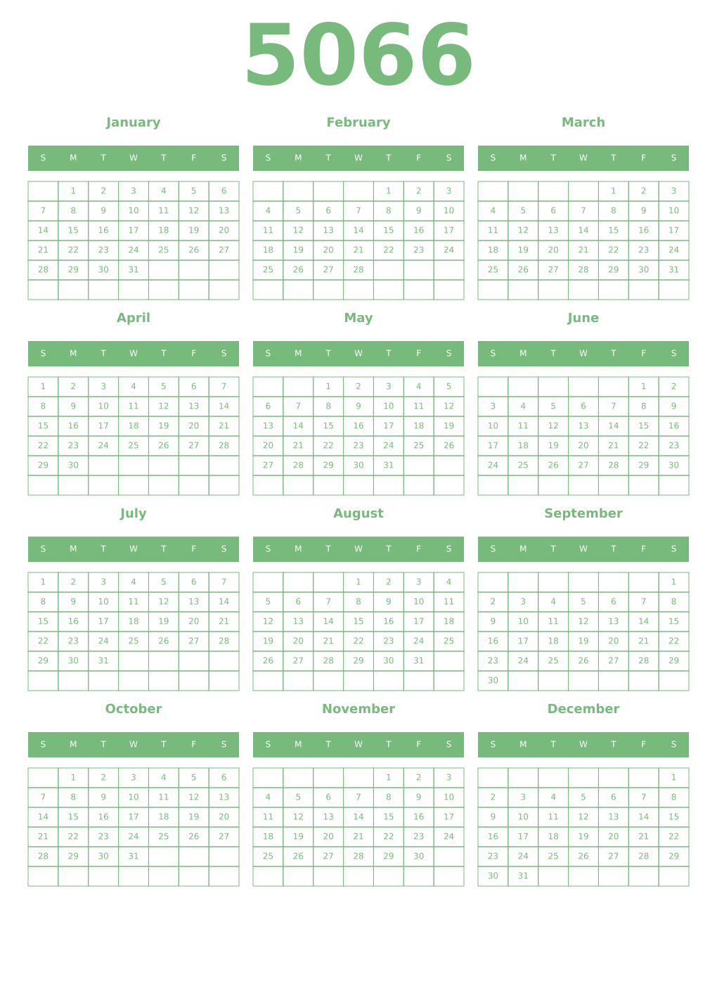 Printable 5066 Year Calendars celadon