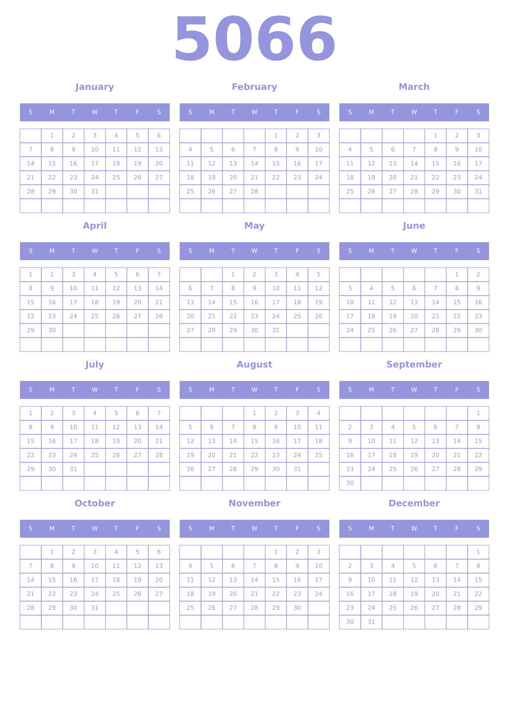 Printable 5066 Year Calendars periwinkle