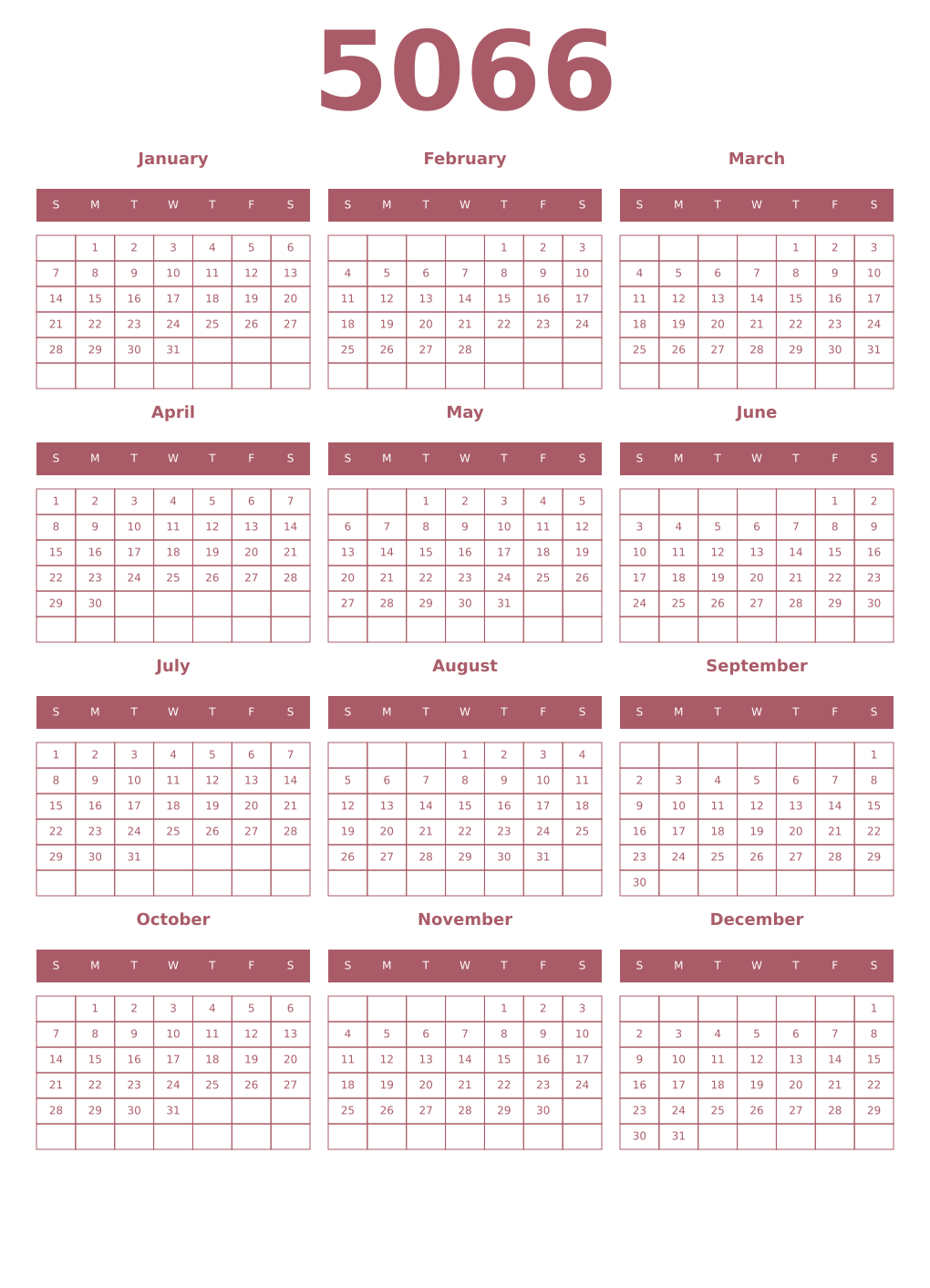 Printable 5066 Year Calendars puce