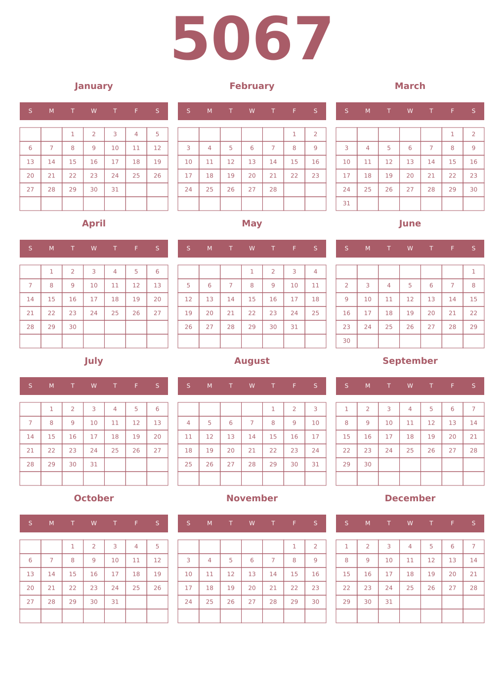 Printable 5067 Year Calendars puce