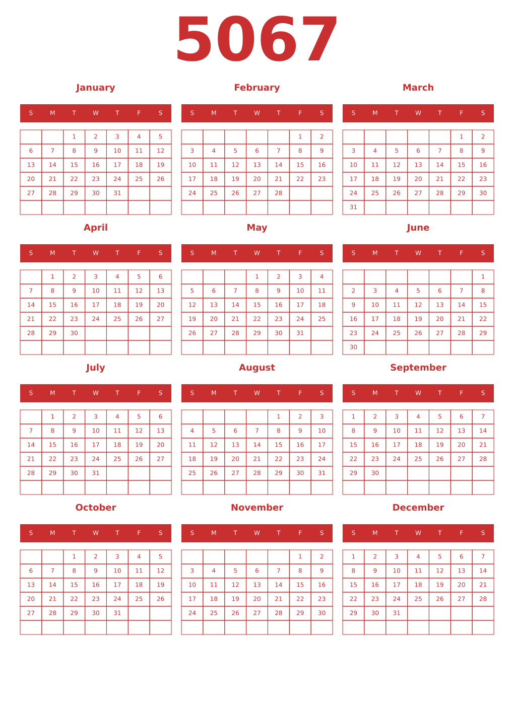 Printable 5067 Year Calendars red