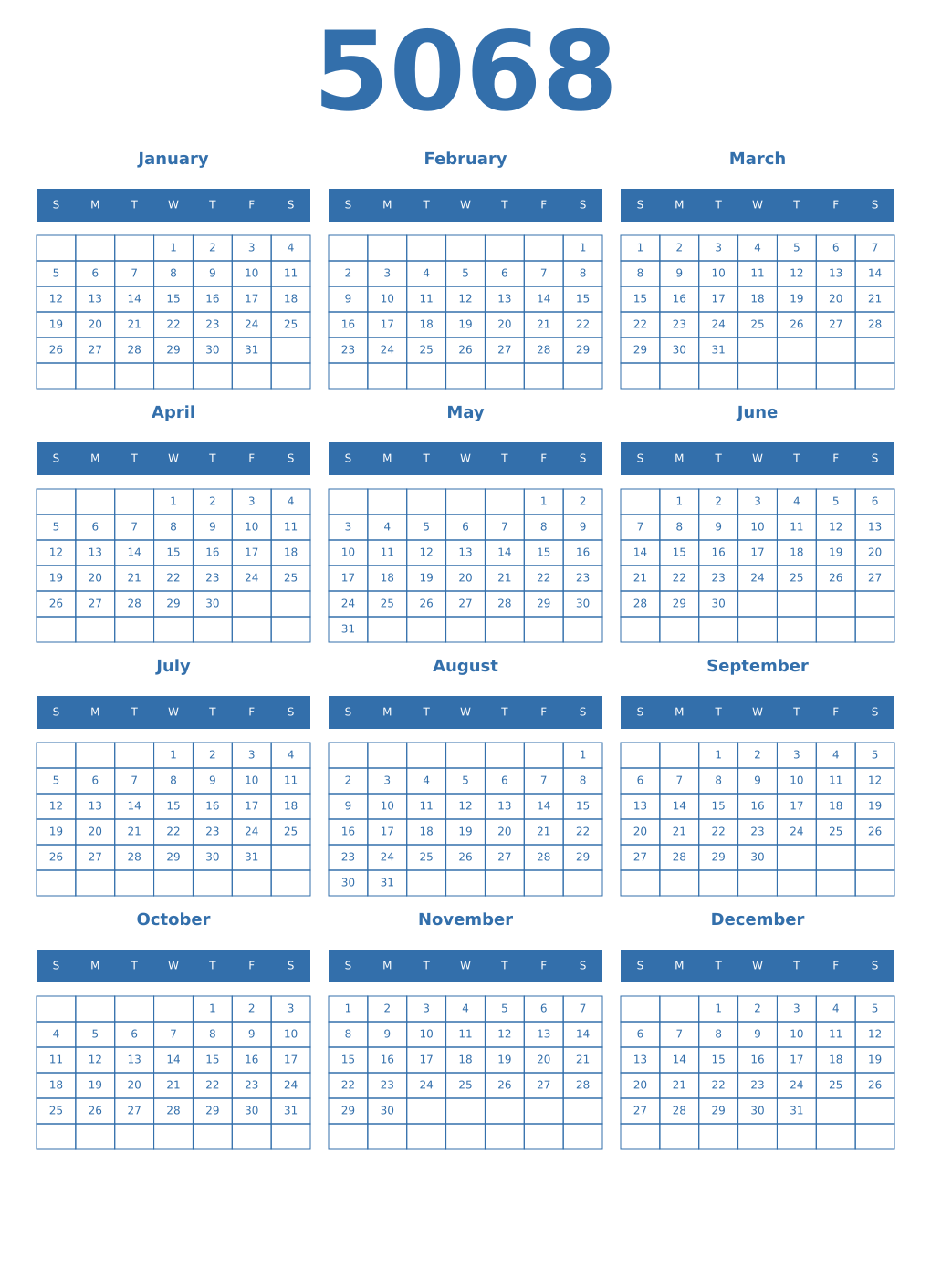 Printable 5068 Year Calendars blue