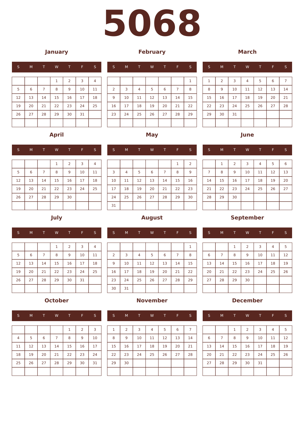 Printable 5068 Year Calendars mortuum