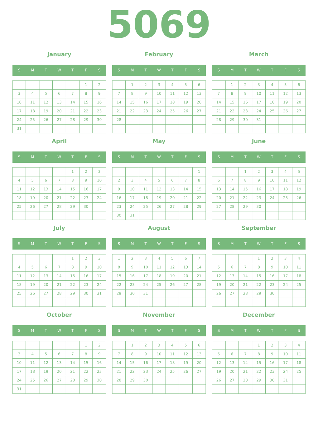 Printable 5069 Year Calendars celadon