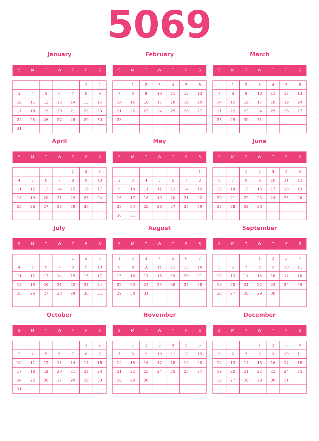 Printable 5069 Year Calendars pink