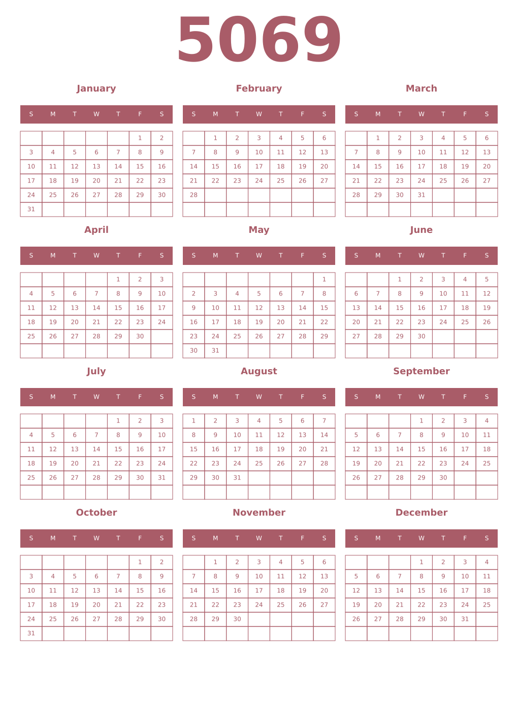 Printable 5069 Year Calendars puce