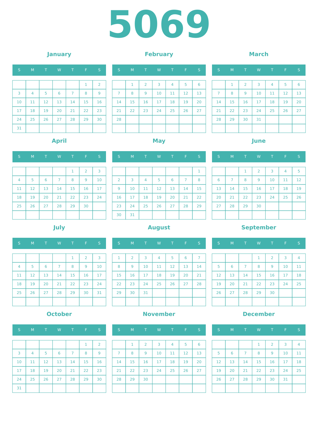 Printable 5069 Year Calendars verdigris