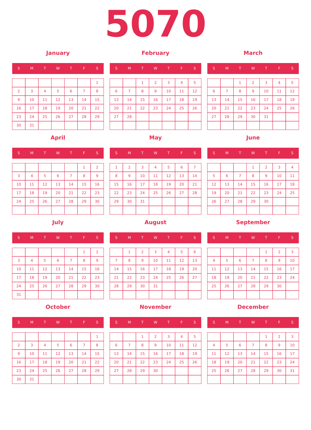 Printable 5070 Year Calendars amaranth