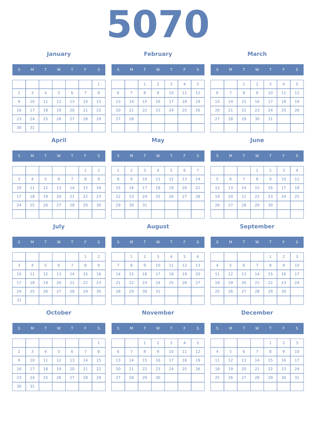 Printable 5070 Year Calendars glaucous