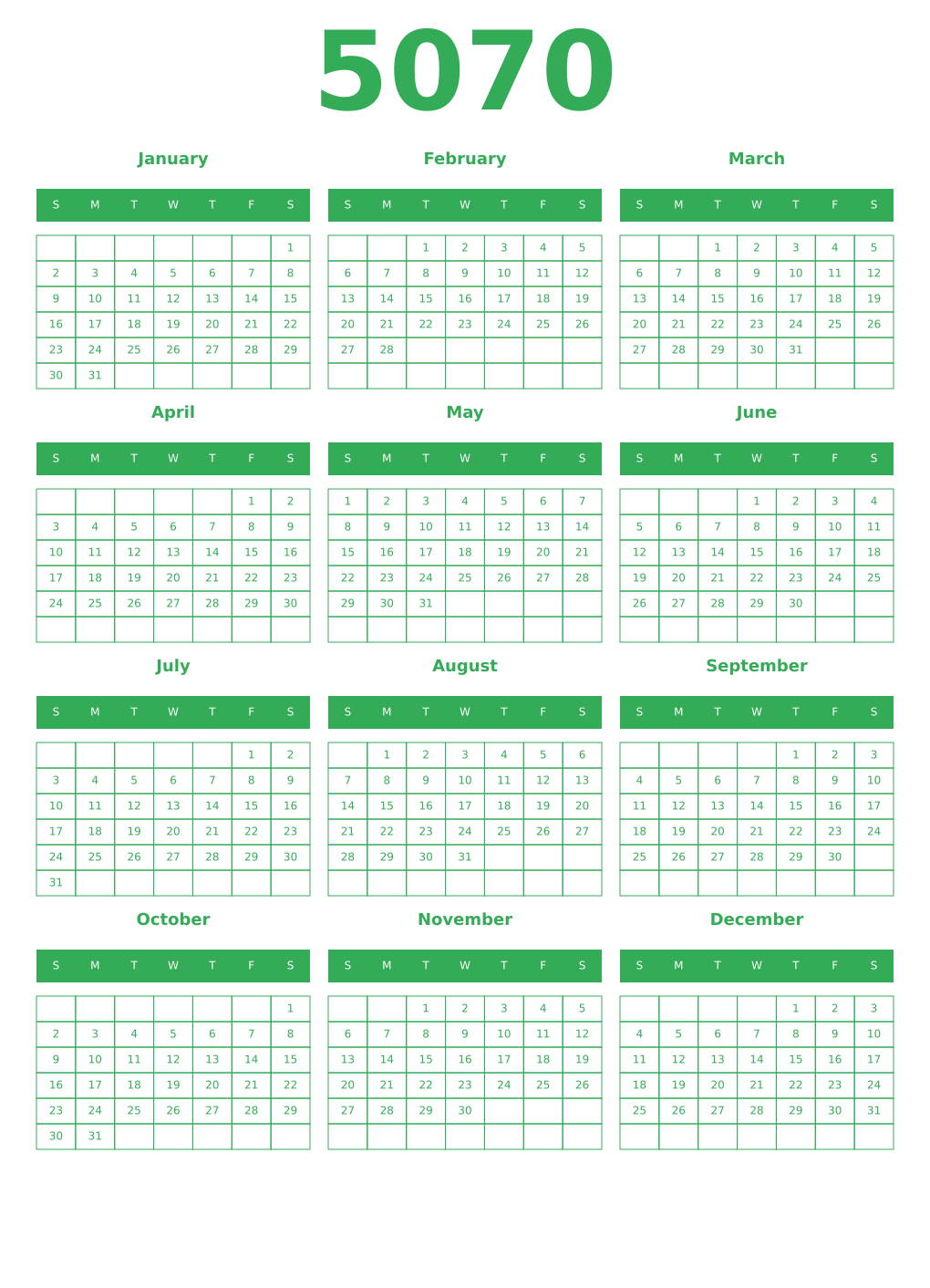 Printable 5070 Year Calendars green