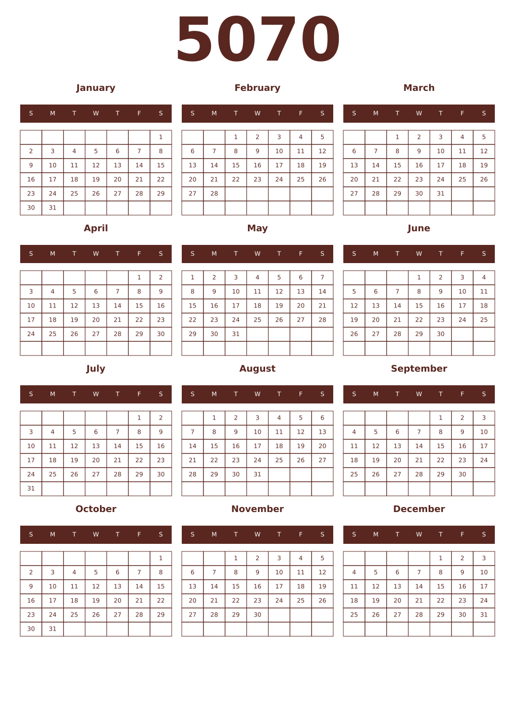 Printable 5070 Year Calendars mortuum